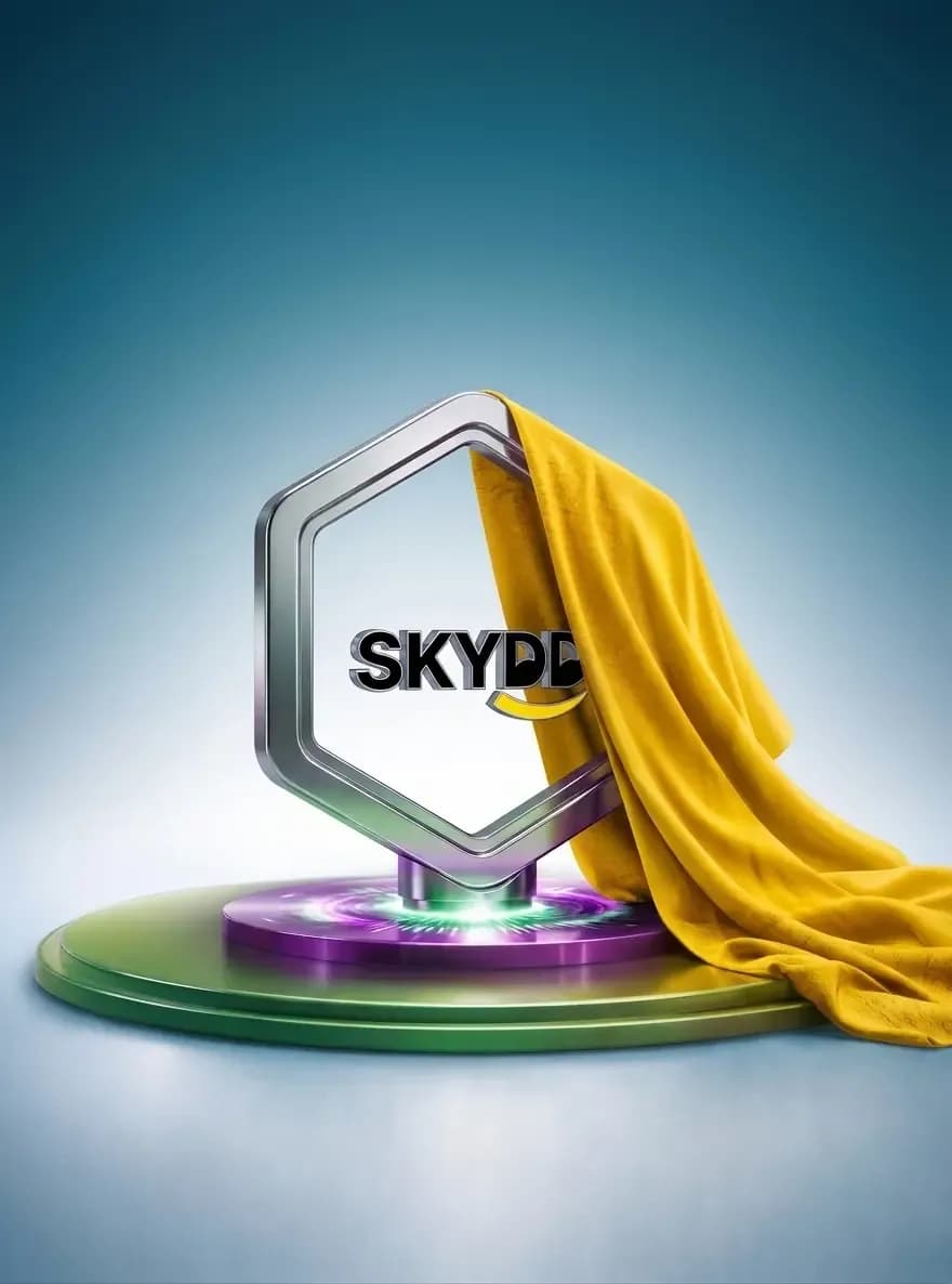Skydd logo unveiled on a metallic hexagonal frame